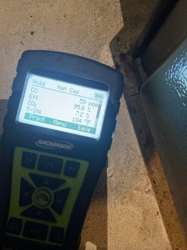 Completed scheduled MVP heating maintenance on 18-year-old system. Performed combustion analysis using diagnostic equipment, confirming natural gas unit operating at 59 RPM with CO2 levels at 7.2% and efficiency reading of 95.0%. Replaced air filter with new pleated media filter and verified proper system operation.