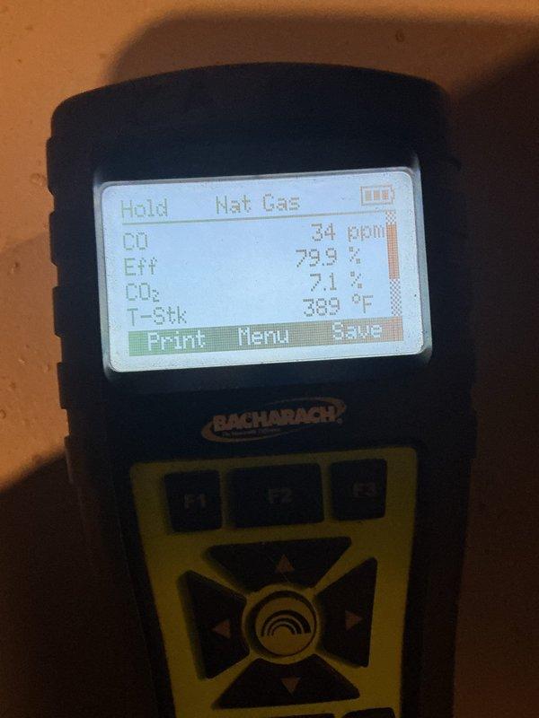 Completed scheduled MVP heating maintenance visit on Lennox furnace system. Performed comprehensive combustion analysis using Bacharach analyzer, recording readings of 34 ppm CO, 79.9% efficiency, 7.1% CO₂, and 389°F stack temperature. All combustion parameters found within acceptable operating ranges. Visually inspected furnace cabinet, ductwork connections, and surrounding installation area with no issues noted. Unit operating properly at time of service.