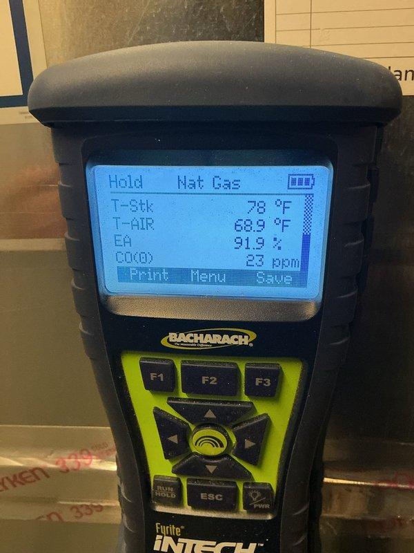 Completed comprehensive MVP furnace maintenance including full system inspection and combustion analysis. Verified all internal electrical connections, control wiring, and safety circuits for proper operation. Performed combustion efficiency testing using calibrated diagnostic equipment, confirming optimal natural gas combustion with stack temperature at 38°F, ambient air temperature at 68.9°F, and excess air reading at 91.3%. All system components operating within manufacturer specifications with no deficiencies noted.