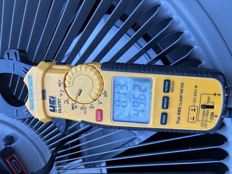 Completed MVP cooling maintenance visit on HVAC system. Performed electrical diagnostics using clamp meter, recording amperage readings of 4.42A and 0.67A on system components. Inspected condenser coil fins, which were found to be clean and in good operating condition.