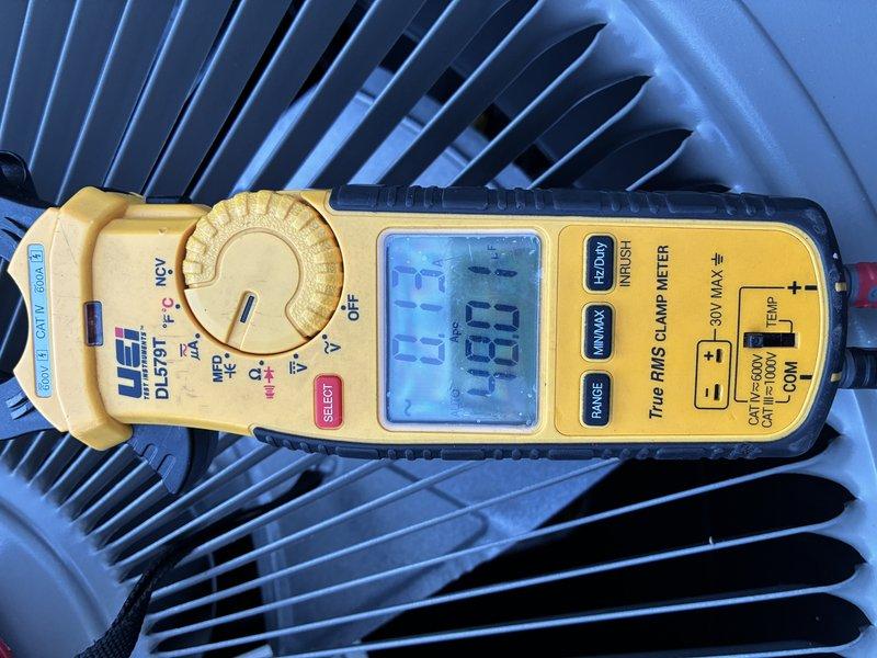 Completed MVP cooling maintenance visit on HVAC system. Performed electrical diagnostics using clamp meter, recording amperage readings of 4.42A and 0.67A on system components. Inspected condenser coil fins, which were found to be clean and in good operating condition.