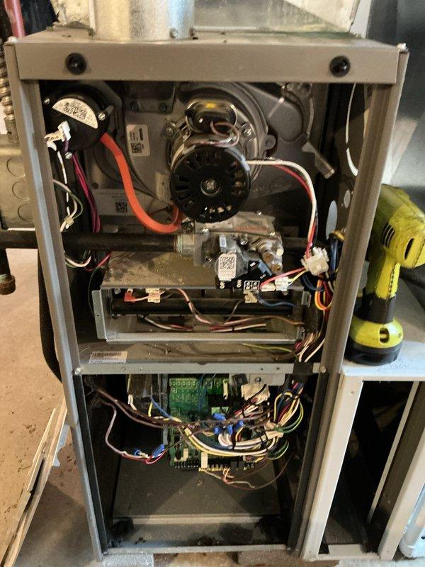 # No Heat Service Call - Lennox SL280UH070V36A Gas Furnace

Responded to no heat complaint on 8-year-old Lennox SL280UH070V36A gas furnace not producing warm air. Upon arrival, performed complete system diagnostic to identify cause of heating failure.

Removed front access panel to inspect internal components and verify operational status of all critical systems. Conducted visual inspection of blower motor assembly, gas valve, ignition system, burner assembly, and main control board. Checked all electrical connections including wire harnesses to motor, gas valve, and control board for proper seating and continuity.

Tested thermostat call for heat and verified 24V control circuit operation. Inspected inducer motor and pressure switch functionality. Examined flame sensor for contamination or positioning issues that could prevent burner operation. Verified gas supply and manifold pressure within manufacturer specifications.

Evaluated blower motor operation and capacitor condition. Inspe