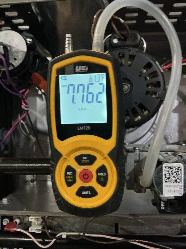 Completed scheduled MVP heating maintenance visit on 4-year-old system. Performed comprehensive system diagnostics using UEi EM720 combustion analyzer, recording CO levels at 0.13% and temperature reading of 776.2°F, both within manufacturer specifications. Inspected blower motor assembly, electrical connections, and control board operation. Verified all wire terminations secure, observed proper LED status indicators on control board, and confirmed system cycling correctly. All components operating normally with no deficiencies noted.