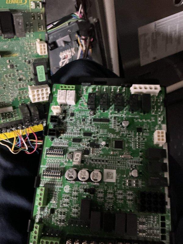 Replaced defective main control circuit board in HVAC system. Removed failed PCB assembly from control cabinet, disconnected all wire harnesses and power connections, installed new OEM control board, reconnected all wiring to proper terminals, and verified system operation. Unit tested and returned to normal operation upon completion.