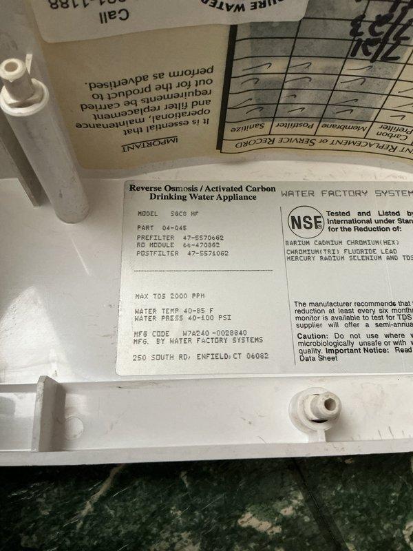 Serviced a 29-year-old Water Factory Systems reverse osmosis drinking water appliance requiring filter replacement. Performed maintenance on the under-sink RO unit, replaced necessary filtration components per manufacturer specifications, and verified system operation within rated parameters of 40-100 PSI and 40-85°F operating range.