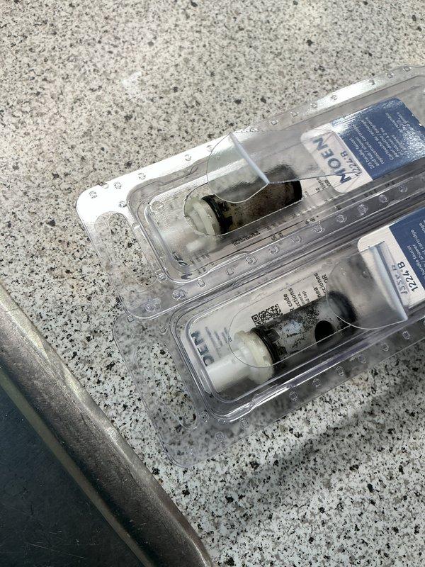 Responded to a callback to complete a previously diagnosed dripping faucet repair, installing the manufacturer-supplied replacement Moen cartridges and associated seals and O-rings that had been ordered for the fixture. Removed the worn, debris-laden cartridges and installed the new components, restoring proper faucet operation and eliminating the drip.
