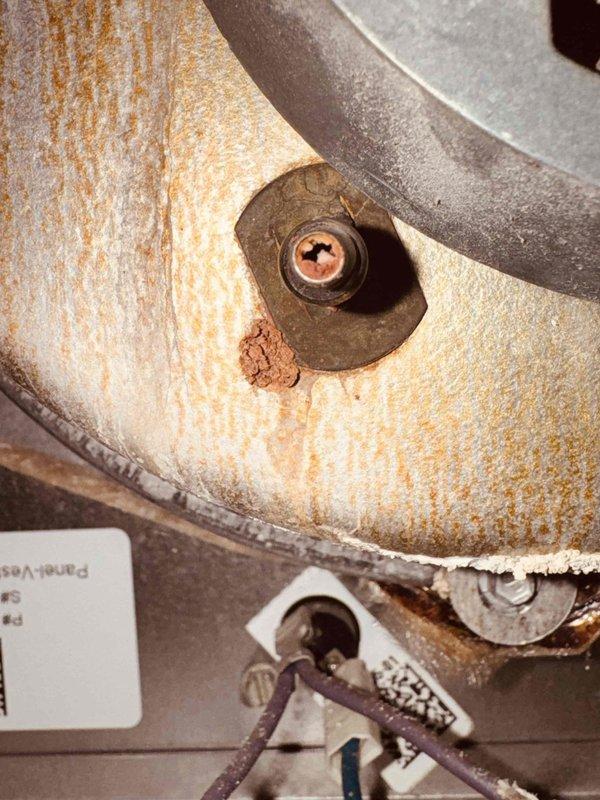 Performed MVP heating maintenance on the gas-fired furnace, including a combustion analysis with a Bacharach analyzer. Flue gas readings were O₂ 7.6%, CO 36 ppm, CO₂ 7.5%, and steady-state efficiency 82.3%, with CO within acceptable limits. Inspection of the blower and heat exchanger compartment revealed significant rust and corrosion on the housing, brackets, and fasteners; recommend monitoring the corrosion and evaluating moisture or condensate sources to prevent further deterioration.