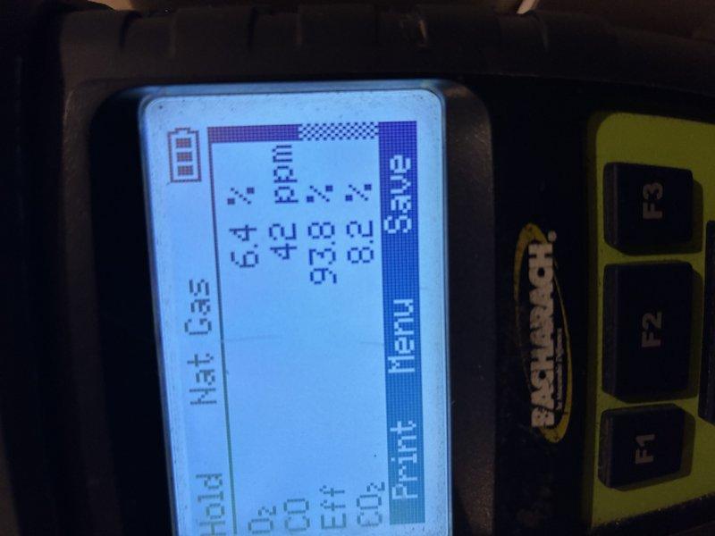Performed seasonal heating maintenance on the gas-fired furnace, including a combustion analysis that showed O2 at 6.4%, CO at 42 ppm, CO2 at 8.2%, and steady-state efficiency of 93.8%. Inspected the integrated control board, wiring harness, and low-voltage connections, finding no signs of corrosion, frost, or physical damage. The system was operating within normal parameters at completion.