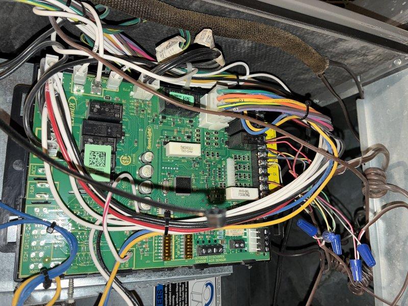 Performed seasonal heating maintenance on the gas-fired furnace, including a combustion analysis that showed O2 at 6.4%, CO at 42 ppm, CO2 at 8.2%, and steady-state efficiency of 93.8%. Inspected the integrated control board, wiring harness, and low-voltage connections, finding no signs of corrosion, frost, or physical damage. The system was operating within normal parameters at completion.