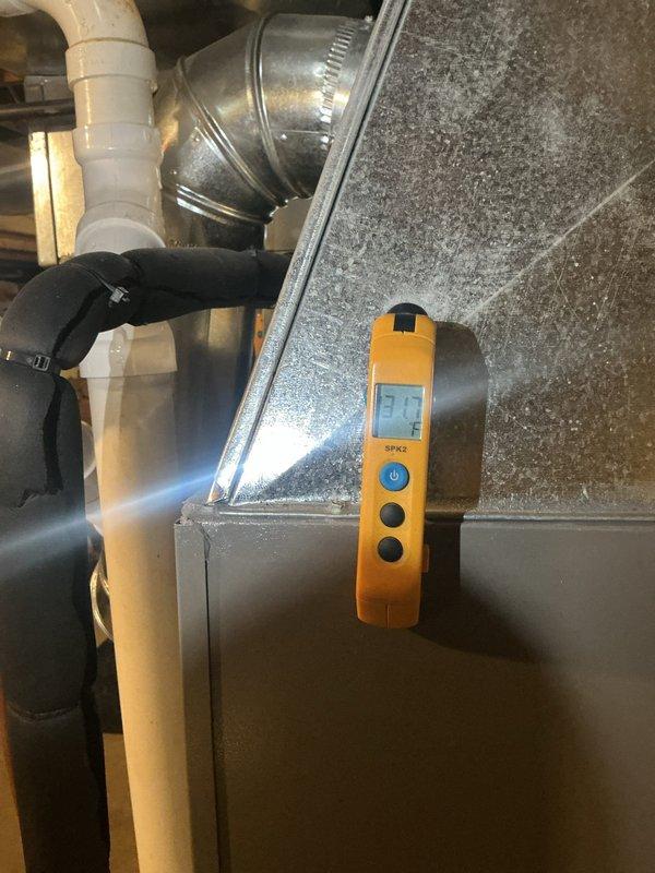 Performed scheduled heating maintenance and combustion analysis on the gas-fired furnace. Measured supply plenum temperature at 31.7°F and ran a Bacharach analyzer on natural gas, recording stack temperature of 114°F, ambient air at 72.8°F, 33.5% excess air, and CO at 87 ppm. Verified equipment operation and documented all readings for the service record.