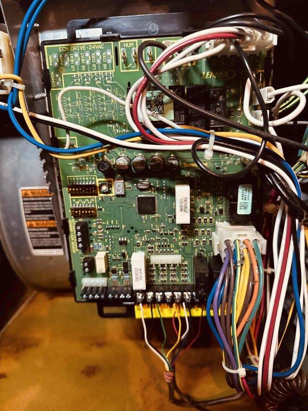 Performed a seasonal tune-up on a 9-year-old Lennox gas furnace, including inspection of the integrated control board, wiring, and blower compartment, and cleaning of accumulated dust and debris. Conducted a combustion analysis on natural gas, recording O2 at 6.4%, CO at 42 ppm, CO2 at 8.2%, and steady-state efficiency of 95.2%, confirming safe and efficient operation. The system was left operating properly.