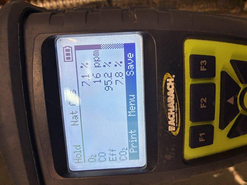 Performed annual furnace maintenance, including inspection and cleaning of the flame sensor to remove oxidation and corrosion buildup for reliable flame rectification. Conducted combustion analysis on natural gas operation, recording O2 at 7.1%, CO2 at 7.8%, CO at 16 ppm, and steady-state efficiency of 95.2%, all within acceptable operating parameters.