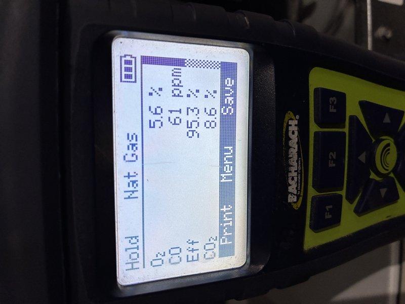 Performed a heating maintenance visit including inspection of the furnace control board and low-voltage wiring, and noted loose, tangled wiring with a frayed braided cable sleeve exposing copper strands that should be secured and repaired to prevent shorting or intermittent faults. Completed combustion analysis on the natural gas appliance, recording O2 at 5.6%, CO at 61 ppm, CO2 at 8.6%, and efficiency at 95.3%. The unit is operating with acceptable combustion efficiency, though CO levels should be monitored at future visits.