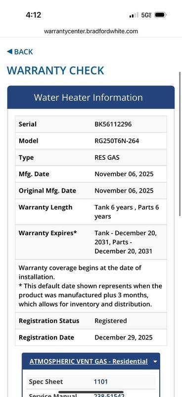 Performed an on-site evaluation of a Bradford White 50-gallon atmospheric-vent gas water heater (Model RG250T6N-264) to diagnose a reported sulfur odor. Inspected the tank, supply lines, isolation valves, gas connection, and flue/draft hood and found the unit to be in good condition with no visible leaks, corrosion, or damage. Verified the unit is registered with an active 6-year tank and parts warranty, and noted that the sulfur smell is consistent with bacterial reaction in the tank, which is commonly addressed by flushing, disinfection, or anode rod replacement.