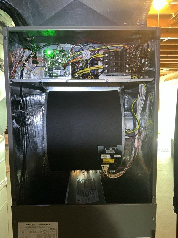 Performed scheduled preventive maintenance on the cooling system, including inspection of the pleated air filter, which was found in clean condition with no significant debris accumulation. Inspected the air handler interior, verifying proper condition of the control board, wiring harnesses, relays, and blower motor assembly, with no evidence of frost, corrosion, or damage. System was left in normal operating condition.