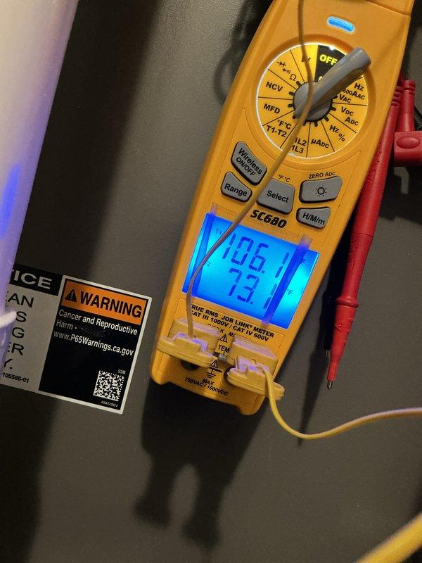 Performed scheduled heating maintenance on a 2-year-old gas furnace located in the basement. Verified temperature rise across the unit using a digital clamp meter with thermocouples (106.1°F supply vs. 73.1°F return) and checked static pressure with a dual-port manometer, confirming normal operation. Equipment is due for membership renewal.
