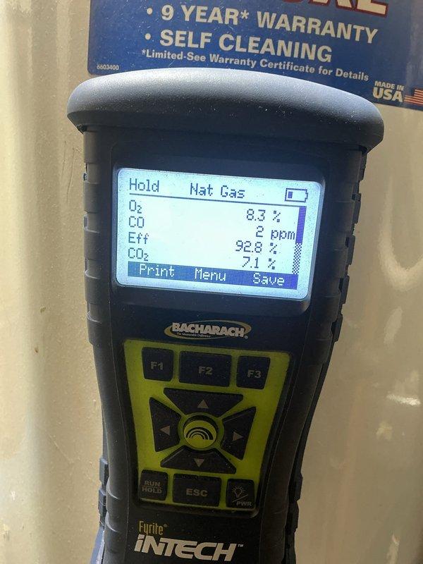 Performed scheduled preventative maintenance on an 8-year-old natural gas furnace under the customer's maintenance plan, including inspection of the gas supply piping, shutoff valve, and venting components. Conducted combustion analysis with a Bacharach Fyrite InTech analyzer, recording O2 at 8.3%, CO at 2 ppm, CO2 at 7.1%, and combustion efficiency of 92.8%, confirming safe and efficient operation within normal parameters.