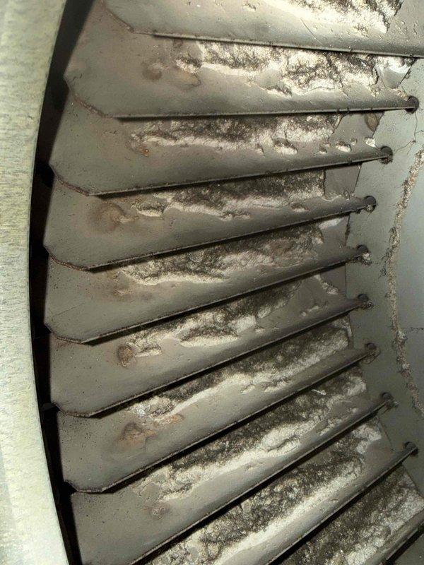 Performed a complimentary second-opinion inspection on a 30+ year-old furnace, with the homeowner present, to verify a previously reported cracked heat exchanger. Inspection revealed heavy corrosion and flaking on the heat exchanger and cabinet surfaces, with a visible crack near a fastener, and a blower wheel heavily contaminated with matted dust and debris restricting airflow. Findings and photo documentation were reviewed with the homeowner on-site.