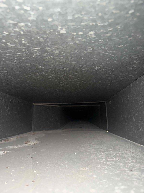 Performed duct cleaning on the galvanized sheet metal supply trunk, removing accumulated dust, debris, and reddish-brown residue from the duct floor and seams. Inspected the interior and documented a section of broken wood paneling at the duct ceiling opening, recommending repair or replacement to restore system integrity and airflow.