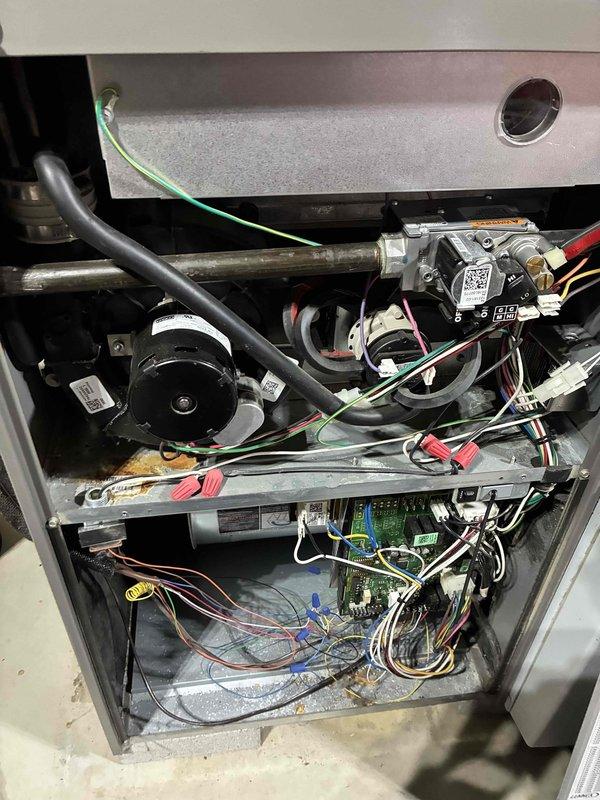 Performed MVP heating maintenance, including inspection of the gas furnace cabinet, gas valve assembly, inducer motor, and control board wiring. Inspected the blower wheel, which showed noticeable dust and debris accumulation on the blades, and noted light corrosion on the internal divider shelf near the inducer motor along with loose, disorganized low-voltage wiring in the lower compartment. Documented all findings with photos for system records.