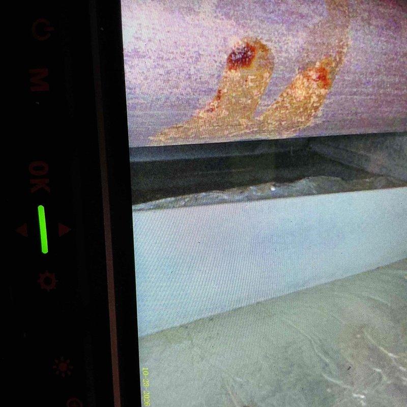 Responded to a no-heat call with no furnace response on a thermostat call for heat. Inspected the furnace cabinet and burner compartment, including the draft inducer assembly, gas valve, wiring harness, and control components, and used an inspection camera to examine the heat exchanger and internal cavity areas, which showed rust and corrosion staining. Diagnosed the cause of the no-heat condition and documented the findings with photos.