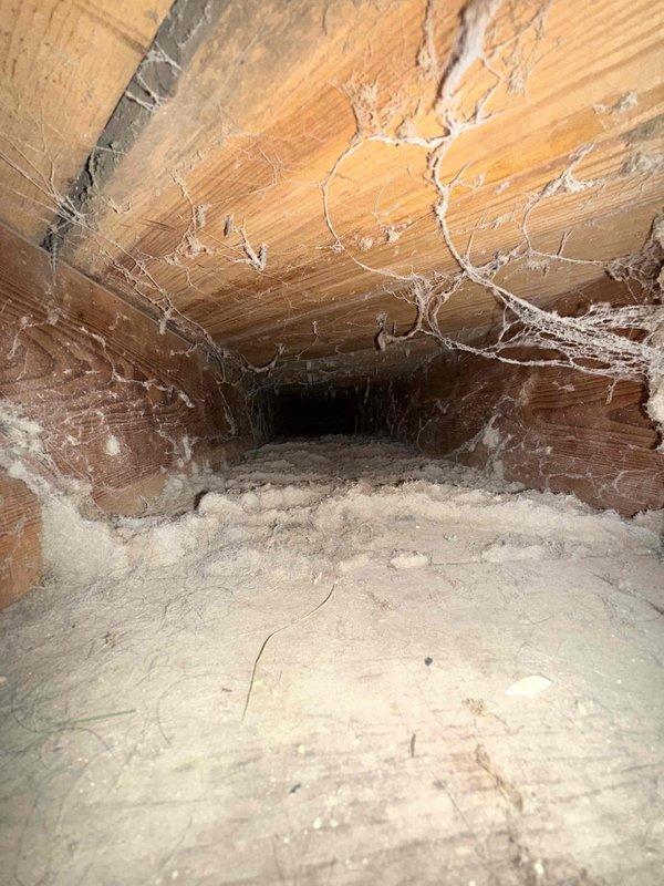 Performed a complete duct cleaning on a ranch-style home's supply and return system (under 14 vents), removing heavy accumulations of dust, debris, and cobwebs from the trunk lines and branch runs. Documented severely deteriorated duct lining and a breach in the duct wall exposing the masonry beneath, and recommended repair or replacement of the damaged sections to prevent further debris intrusion and air leakage.