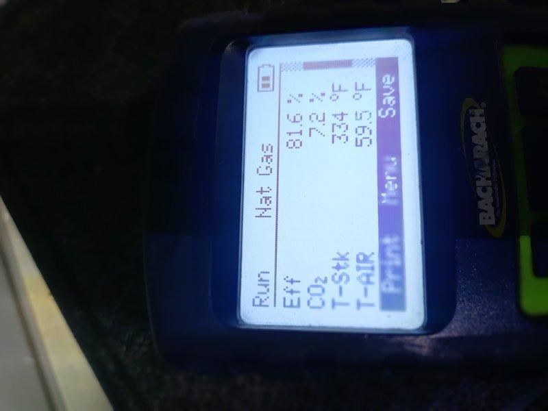 Performed annual furnace maintenance on a natural gas heating system, including combustion analysis with a Bacharach analyzer. Readings recorded: 81.6% efficiency, 7.2% CO2, 334°F stack temperature, and 59.5°F ambient air temperature, confirming the unit is operating within normal parameters. System inspected and returned to service.