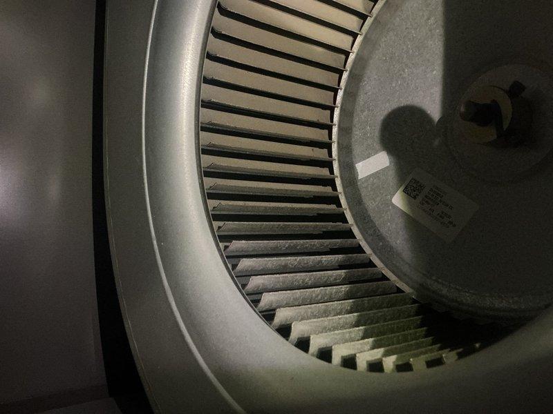 Performed annual furnace maintenance, including inspection of the blower assembly, which showed a heavy accumulation of dust and debris on the squirrel-cage fan wheel blades. Cleaned the blower wheel and housing to restore proper airflow and motor efficiency. Inspected the burner and heat exchanger area, noting heat-tinted discoloration on the metal component, and verified safe, normal operation of the heating system.