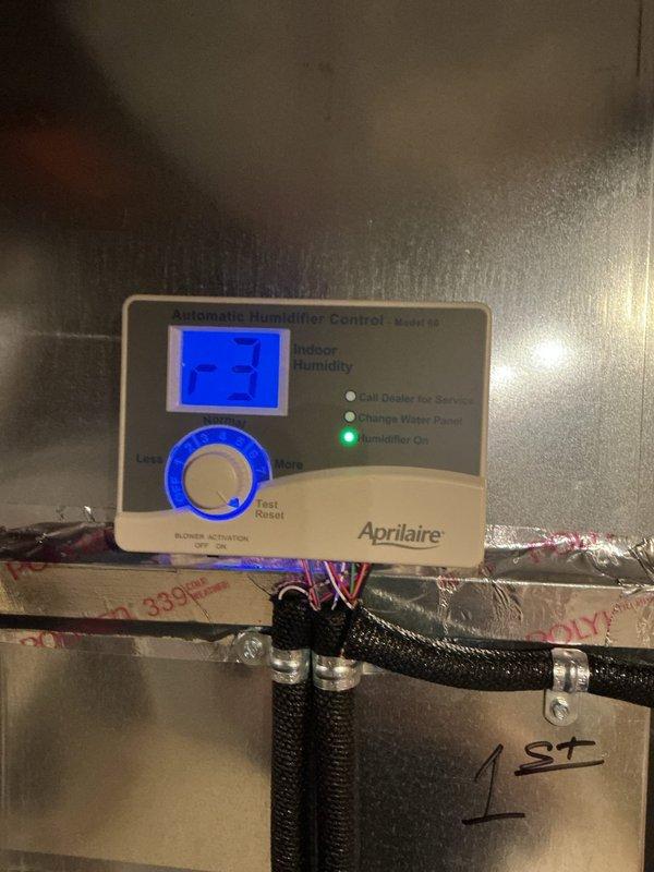 Performed seasonal heating maintenance on two furnace systems, including electrical diagnostics with a clamp meter to verify component resistance and circuit integrity. Inspected and tested the Aprilaire Model 60 automatic humidifier control on the supply plenum, confirming proper operation with the humidifier active and no service or water panel replacement alerts. Systems were left operating normally.