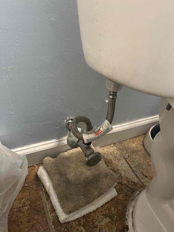 Replaced corroded shut-off valve and installed new toilet fill valve assembly to resolve constantly running toilet issue. Removed existing flapper valve showing mineral buildup and replaced with new unit. Installed new supply line and wax ring to eliminate leakage at base connection.