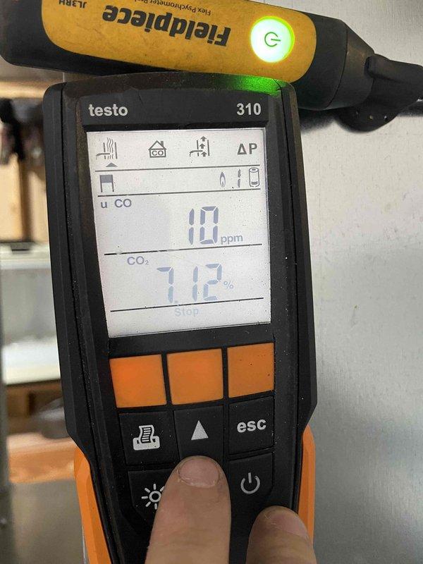 Performed routine heating maintenance on member's system. Inspected and serviced humidifier component, ensuring proper HydroCore installation. Conducted combustion analysis using Testo 310 analyzer, confirming acceptable CO (10 ppm) and CO2 (7.12%) levels. System is operating within normal parameters despite customer's temperature concerns.