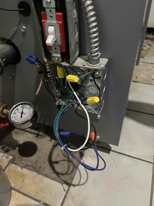 Diagnosed recently installed boiler with no heat issue. Inspection revealed circulation pump malfunction and electrical connectivity problems at junction box. Repaired faulty wiring connections, replaced defective pump, and verified proper system operation with normal heat output restored.