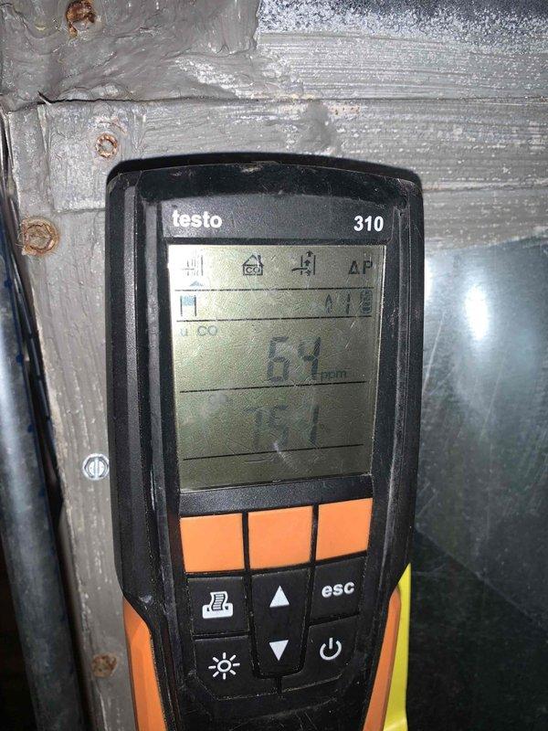 Performed furnace maintenance and combustion analysis with Testo 310 analyzer. Measured CO levels at 64ppm and stack temperature at 75°F with 7.0% oxygen content. System operating within acceptable parameters.