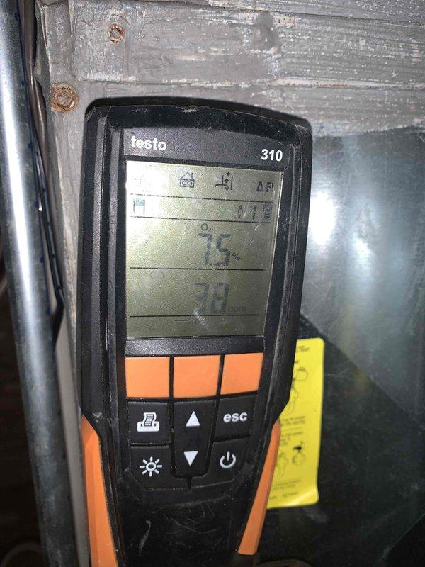 Performed furnace maintenance and combustion analysis with Testo 310 analyzer. Measured CO levels at 64ppm and stack temperature at 75°F with 7.0% oxygen content. System operating within acceptable parameters.