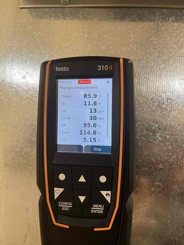 Performed routine heating maintenance service as part of member visit. Conducted electrical diagnostics using SC440 TRUE RMS multimeter, measuring amperage (0.28A) and voltage (0.2V) on system components. Completed combustion analysis with Testo 310 II gas analyzer, confirming efficient operation with 95.0% efficiency, CO levels at 13ppm (30ppm air-free), and proper O₂ levels at 11.8%.