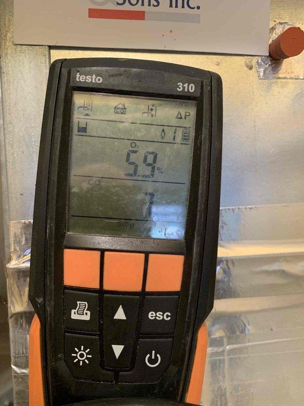 Completed installation of code-compliant gas piping for furnace as per previous sale agreement. Performed combustion analysis using Testo 310 analyzer, confirming proper oxygen levels at 5.9% for the Luxaire furnace system. Verified all connections and operational status of both the furnace and adjacent Lochinvar water heater to ensure safe and efficient operation following the upgrade.