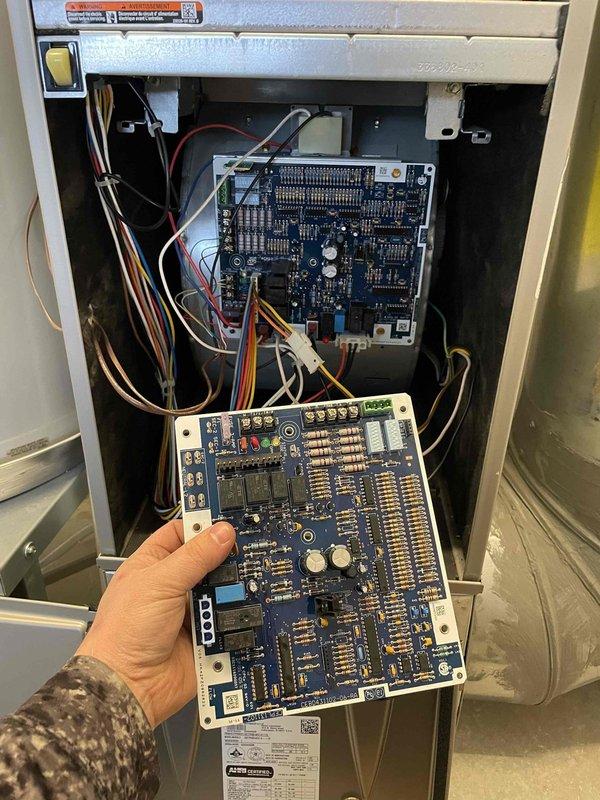 Responded to no-heat call for 2.5-year-old Carrier furnace displaying solid orange light. Diagnostic testing revealed faulty control board. Removed and replaced control board module, restoring normal system operation and heat to the residence.