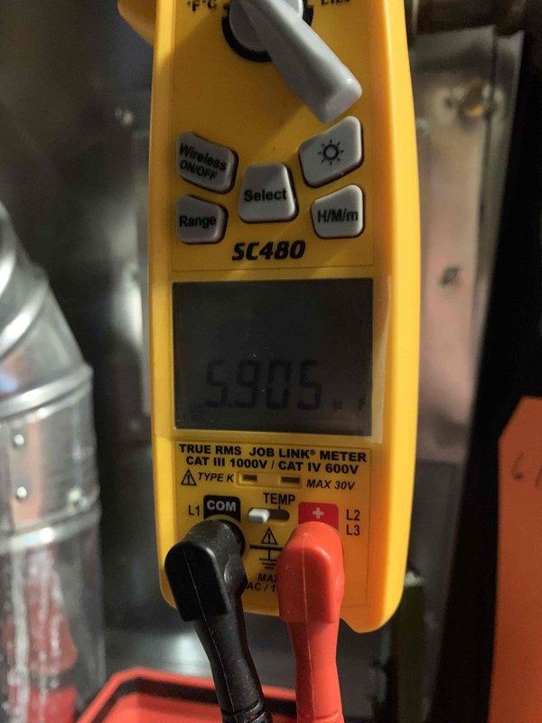 Performed scheduled heating maintenance club visit. Conducted electrical system diagnostics using Fieldpiece SC480 meter to verify system voltage (reading: 5905). All components inspected and operating within normal parameters.