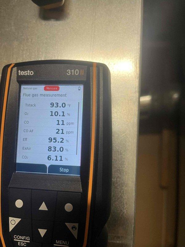 Completed scheduled cooling maintenance member visit. Replaced ignition sensor component during service. Performed combustion analysis using Testo 310 II analyzer with readings showing excellent efficiency (95.2%), acceptable CO levels (11 ppm), and proper CO₂ (6.11%) - system operating within normal parameters.