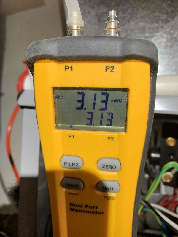 Responded to no heat complaint at customer's rental property. Upon inspection, performed gas pressure testing with dual port manometer, confirming readings at 3.13 inWC. Identified issue with internal wiring connections to the control board and repaired faulty connections, restoring proper system operation.