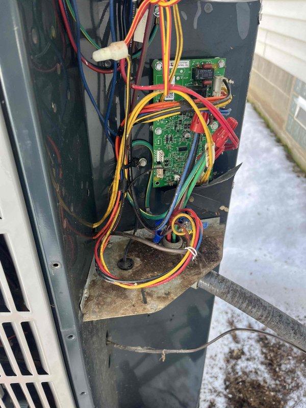 Diagnosed a 2017 American Standard heat pump system operating exclusively in auxiliary mode, maintaining 67-68°F with 65W auxiliary heat consumption. Inspection revealed significant corrosion and dirt buildup on the control board terminals, particularly affecting the status indicator and default settings. Documented evidence of compromised electrical connections and circuit board deterioration, which was causing the system to bypass normal operation and default to auxiliary heat mode.