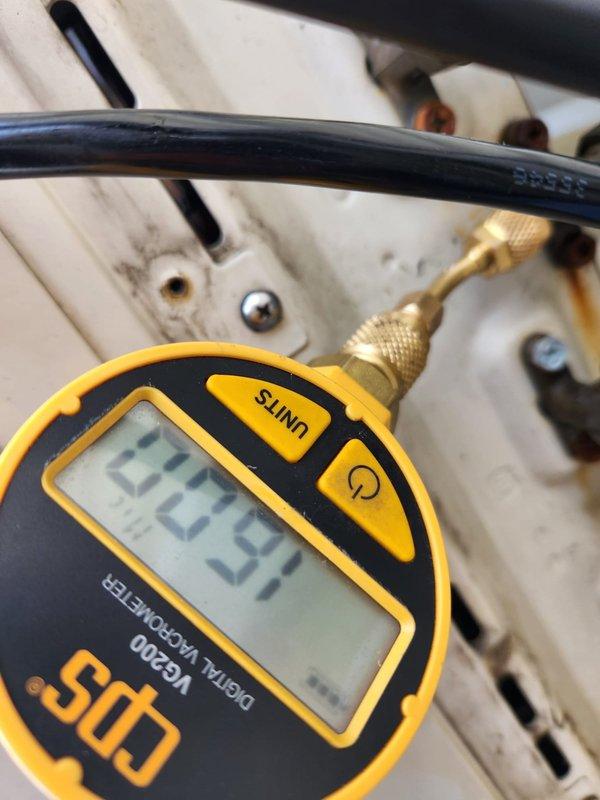 Performed leak detection on a mini-split system after removing compressor per Brad's instructions. Pressure testing revealed readings of 59.0 and 25.4 PSI at different points in the system. Inspected all braze joints for refrigerant leaks as requested.