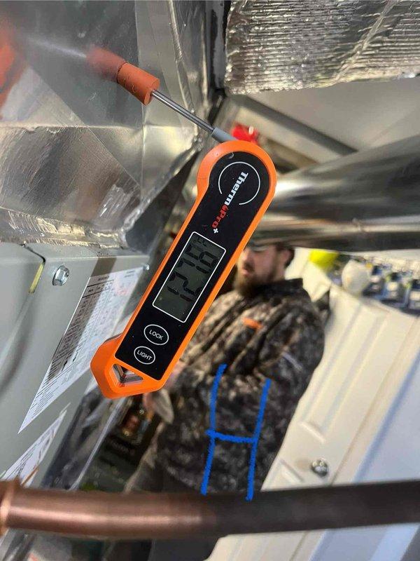 Completed installation of complete HVAC system (App ID 2601902323) originally sold by Jon and flipped by Sam with KGS approval. System performance verified with temperature readings at multiple points, confirming proper operation with supply temperatures reaching 127°F.