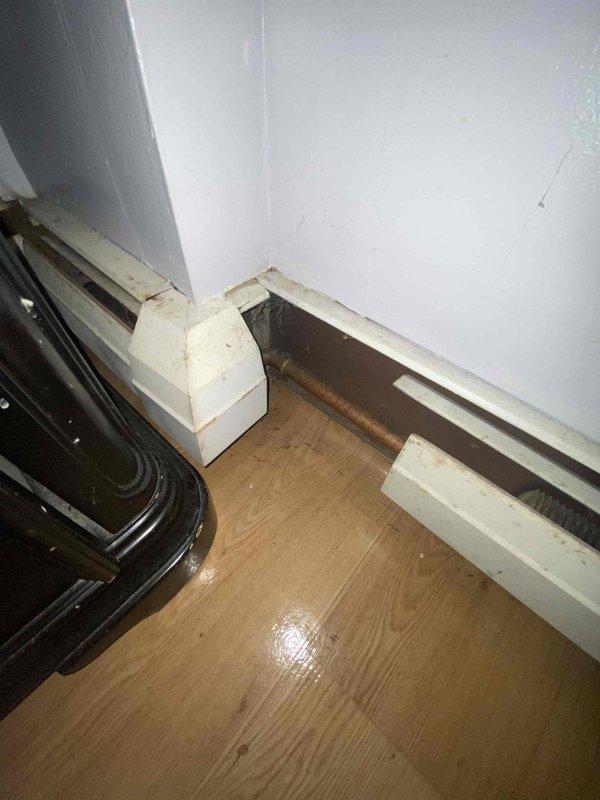 Serviced residential baseboard heating system following a lead from Chris D. Inspected the boiler unit and associated radiator components, documenting the existing installation with photographs. Verified proper connection of copper supply lines to the baseboard heater and confirmed system functionality after service completion.