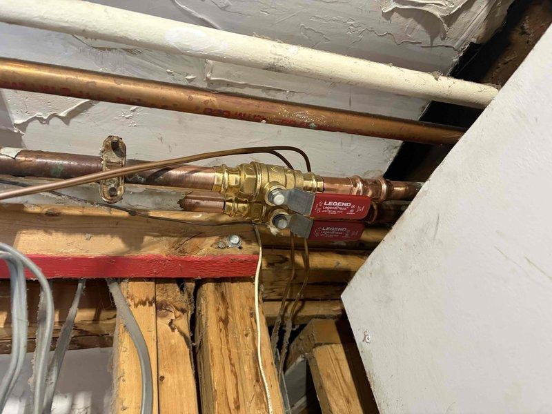 Responded to customer call regarding broken water line. Upon inspection of the basement/utility area, identified issue with copper pipe system. Repaired damaged section of copper plumbing, installed new brass Legend valves, and properly secured connections. Addressed disturbed insulation in the crawlspace and ensured proper water flow restoration throughout the system.