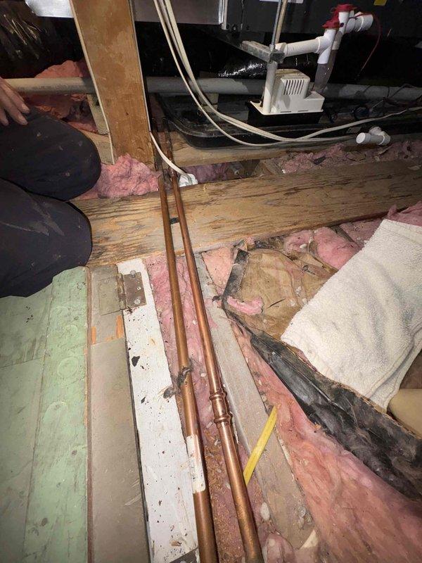 Responded to customer call regarding broken water line. Upon inspection of the basement/utility area, identified issue with copper pipe system. Repaired damaged section of copper plumbing, installed new brass Legend valves, and properly secured connections. Addressed disturbed insulation in the crawlspace and ensured proper water flow restoration throughout the system.