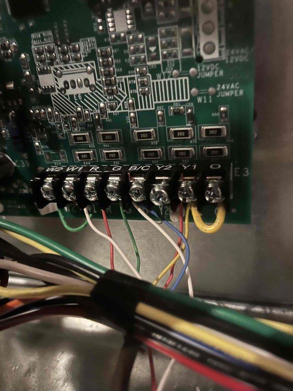 Completed furnace installation as follow-up to sale. Performed wiring connections to control board terminals (W, R, G, B, C, Y2, Y1, O) with appropriate color-coded wiring. Conducted combustion analysis using Testo 310, confirming proper operation with O₂ levels at 12.1% and CO at 7 ppm, which is within safe operating parameters.