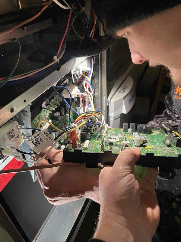 Responded to warranty service call for furnace. Replaced defective control board under warranty and performed standard maintenance including air filter replacement. System operational upon completion of service.