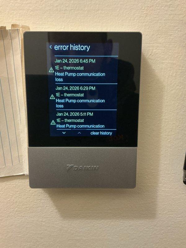 Diagnosed persistent heat pump communication issues on Daikin system for customer reporting heating not maintaining temperature. Error history on thermostat displayed multiple "1E - thermostat Heat Pump communication loss" events. Resolved communication failure between thermostat and heat pump unit, restoring proper system operation and temperature control.