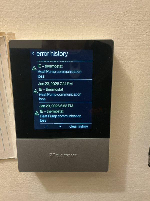 Diagnosed persistent heat pump communication issues on Daikin system for customer reporting heating not maintaining temperature. Error history on thermostat displayed multiple "1E - thermostat Heat Pump communication loss" events. Resolved communication failure between thermostat and heat pump unit, restoring proper system operation and temperature control.